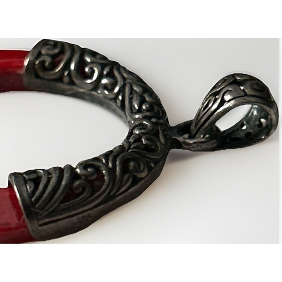 Sterling Silver Red Coral Disc Pendant Handcrafted Bali Thai Style Scrollwork - Picture 4 of 9